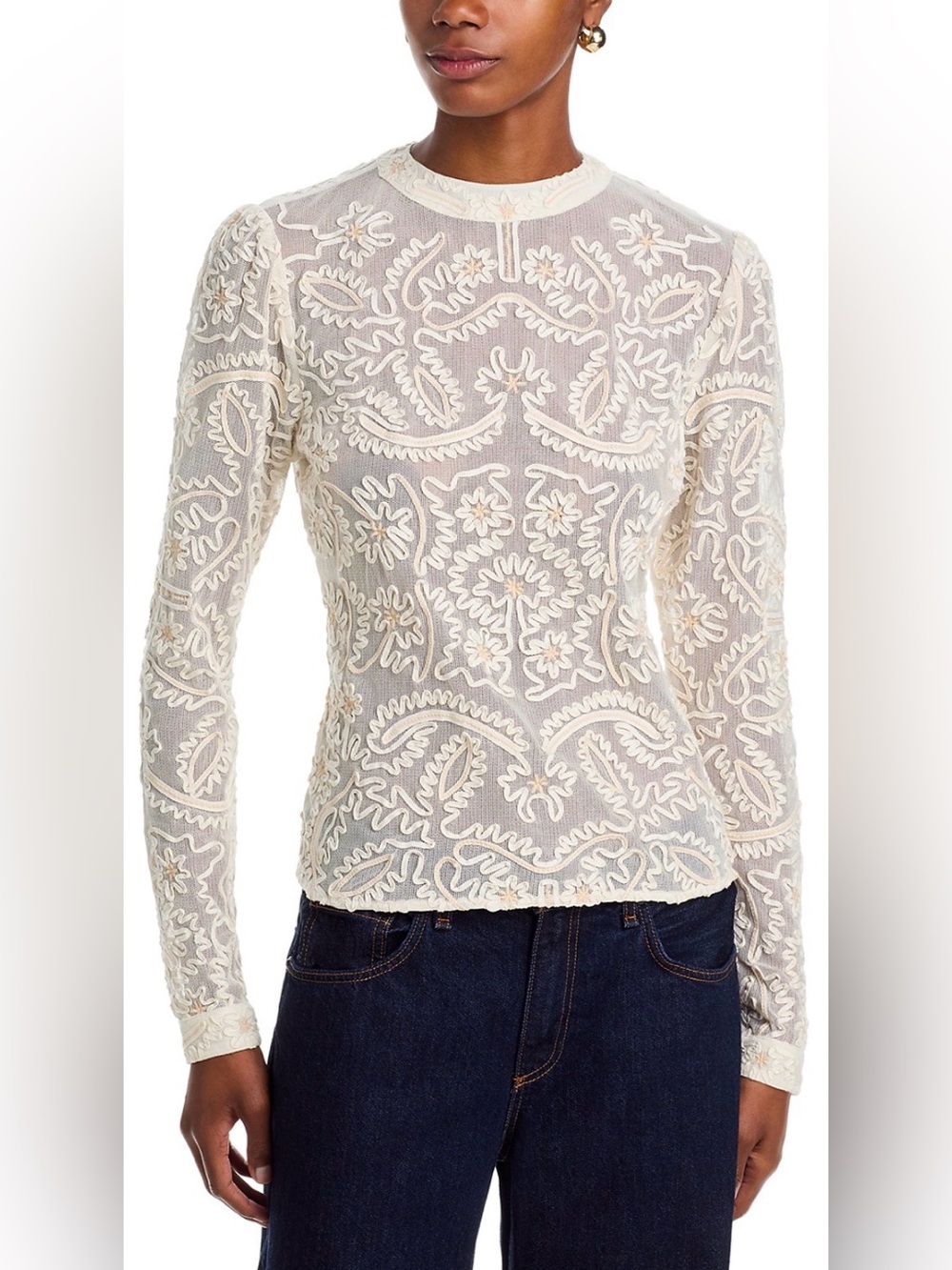 FARM Rio Embroidered Mesh Top in Off-white